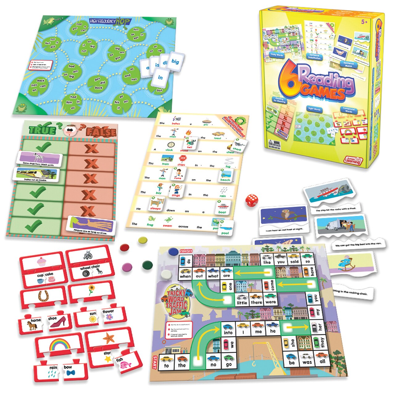 6 Reading Games Junior Learning Board Game for Ages 5-6 Kindergarten Grade 1 Learning, Language Arts, Perfect for Home School, Educational Resources